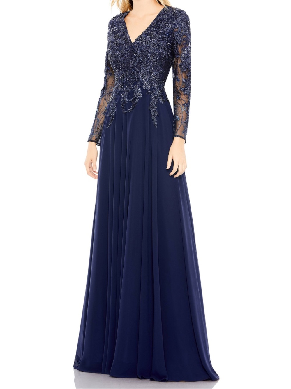 New Mac Duggal Embroidered Illusion Long Sleeve V Neck Gown Size 10